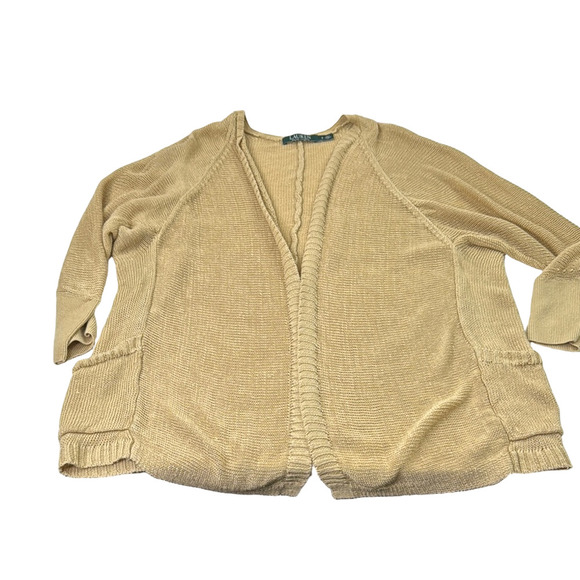 Lauren Ralph Lauren  Women's Tan Linen Blend Oversized Pocket Open-Front Sweater - Picture 9 of 9
